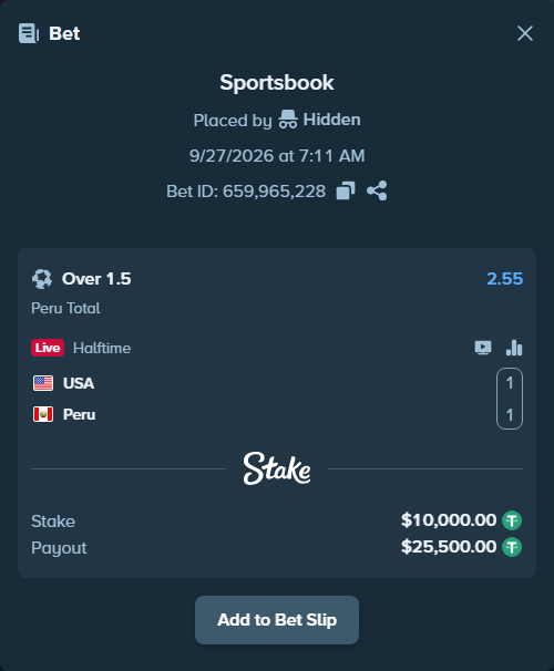 Bet slip: USA - Peru, $10,000.00 stake at 2.55 odds, placed by tlwns4736