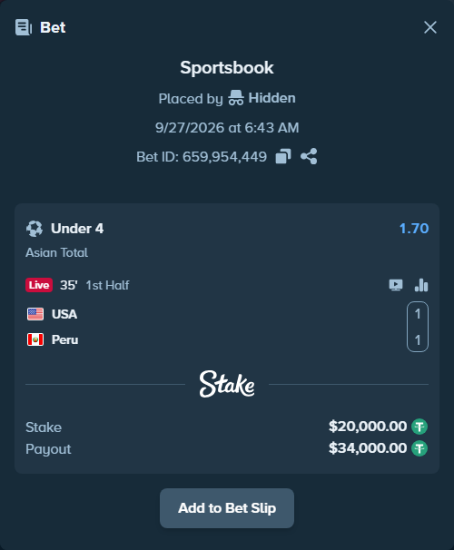 Bet slip: USA - Peru, $20,000.00 stake at 1.70 odds, placed by Hidden
