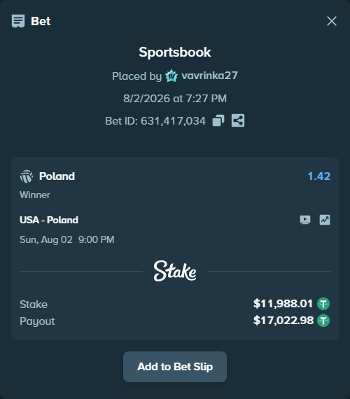 Bet slip: USA - Poland, $12,000.00 stake at 1.42 odds, placed by vavrinka27