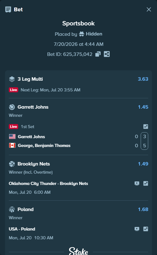 Bet slip: USA - Poland, $15,500.00 stake at 1.68 odds, placed by Hidden