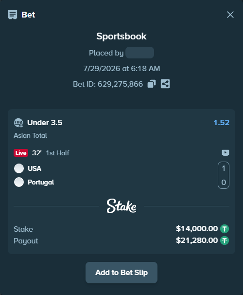 Bet slip: USA - Portugal, $14,014.00 stake at 1.52 odds, placed by AsTraL11