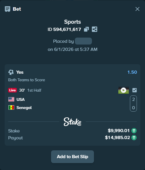 Bet slip: USA - Senegal, $10,000.00 stake at 1.50 odds, placed by ArdianHertica