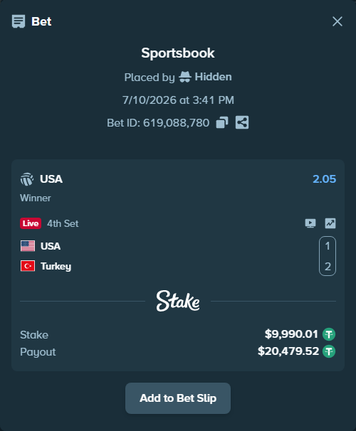 Bet slip: USA - Turkiye, $10,000.00 stake at 2.05 odds, placed by Hidden