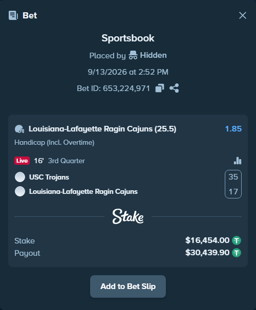 Bet slip: USC Trojans - Louisiana Ragin Cajuns, $16,454.00 stake at 1.85 odds, placed by Hidden