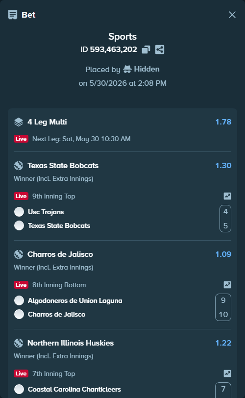 Bet slip: Usc Trojans - Texas State Bobcats, $39,871.47 stake at 1.30 odds, placed by Hidden