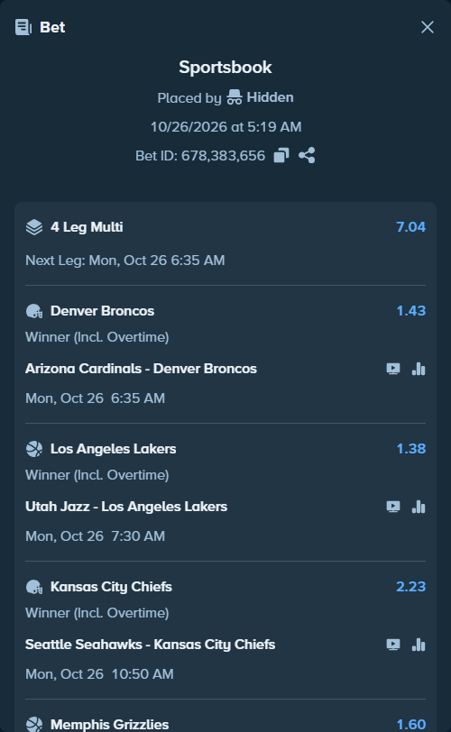 Bet slip: Utah Jazz - Los Angeles Lakers, $15,015.00 stake at 1.38 odds, placed by Hidden
