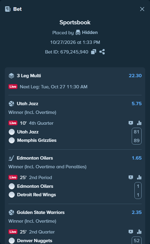 Bet slip: Utah Jazz - Memphis Grizzlies, $10,000.00 stake at 5.75 odds, placed by Hidden