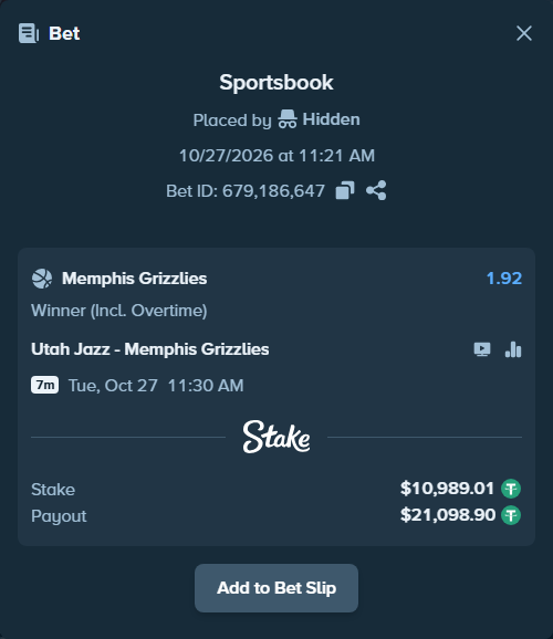 Bet slip: Utah Jazz - Memphis Grizzlies, $11,000.00 stake at 1.92 odds, placed by Hidden