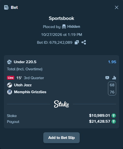 Bet slip: Utah Jazz - Memphis Grizzlies, $11,000.00 stake at 1.95 odds, placed by Hanselwilliam1