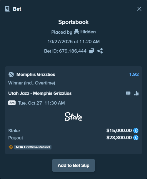 Bet slip: Utah Jazz - Memphis Grizzlies, $15,000.00 stake at 1.92 odds, placed by KOVAGAL