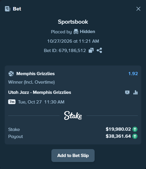 Bet slip: Utah Jazz - Memphis Grizzlies, $20,000.00 stake at 1.92 odds, placed by Hidden