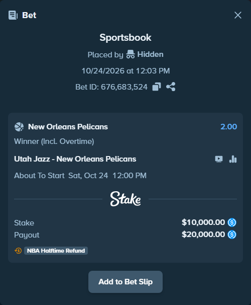 Bet slip: Utah Jazz - New Orleans Pelicans, $10,000.00 stake at 2.00 odds, placed by Neberay