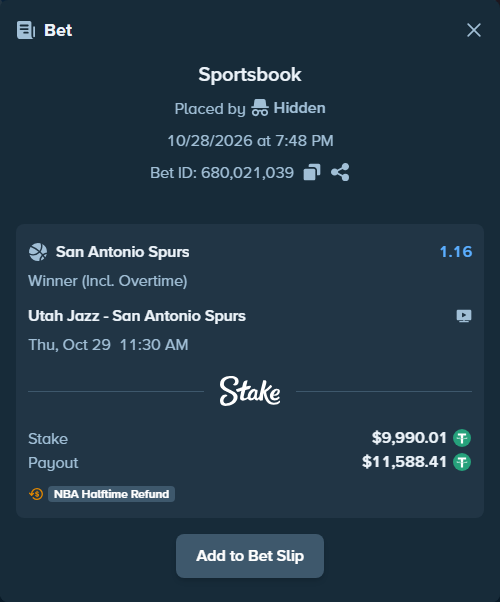 Bet slip: Utah Jazz - San Antonio Spurs, $10,000.00 stake at 1.16 odds, placed by ddgmuchun