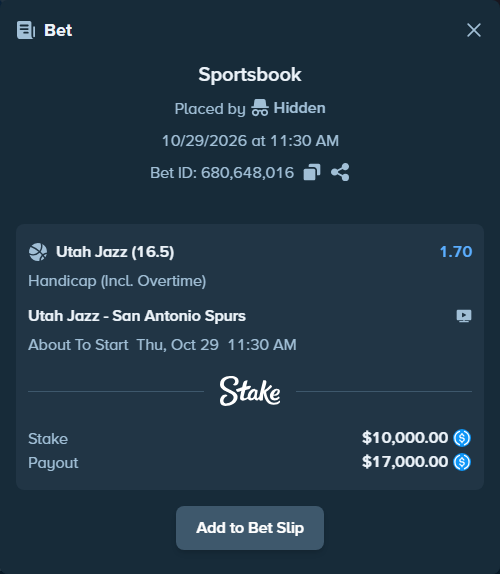 Bet slip: Utah Jazz - San Antonio Spurs, $10,000.00 stake at 1.70 odds, placed by Hidden