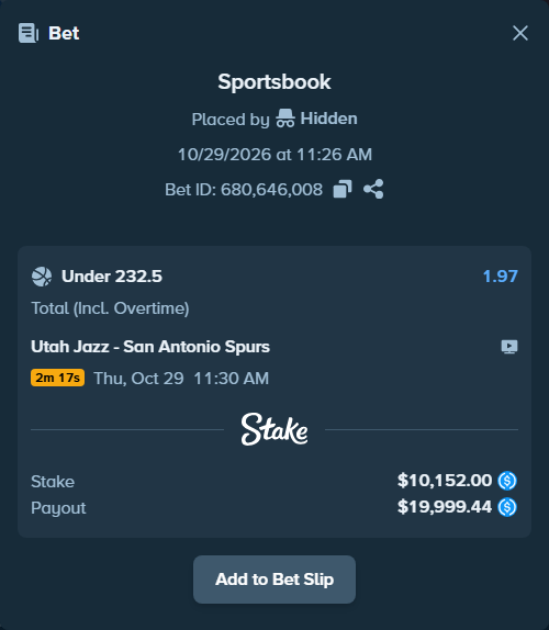 Bet slip: Utah Jazz - San Antonio Spurs, $10,152.00 stake at 1.97 odds, placed by Hidden
