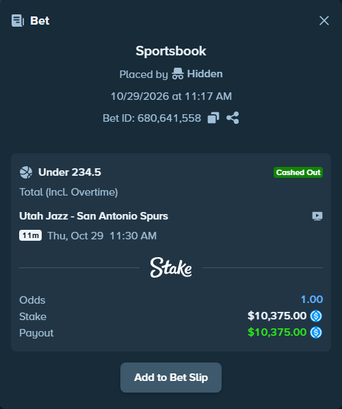 Bet slip: Utah Jazz - San Antonio Spurs, $10,375.00 stake at 1.81 odds, placed by Hidden