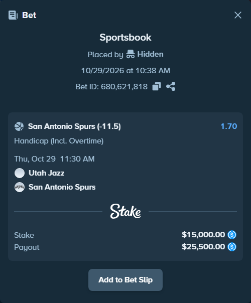 Bet slip: Utah Jazz - San Antonio Spurs, $15,000.00 stake at 1.70 odds, placed by Hidden