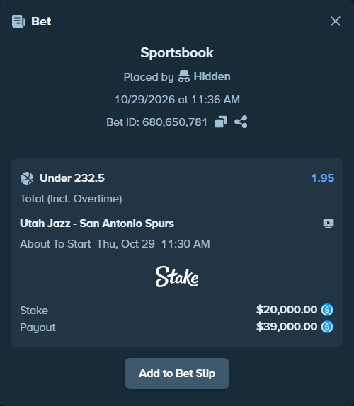 Bet slip: Utah Jazz - San Antonio Spurs, $20,000.00 stake at 1.95 odds, placed by Hidden