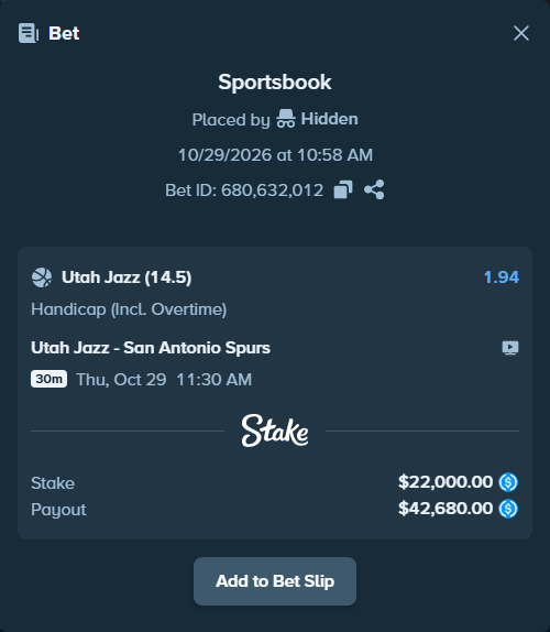 Bet slip: Utah Jazz - San Antonio Spurs, $22,000.00 stake at 1.94 odds, placed by Hidden