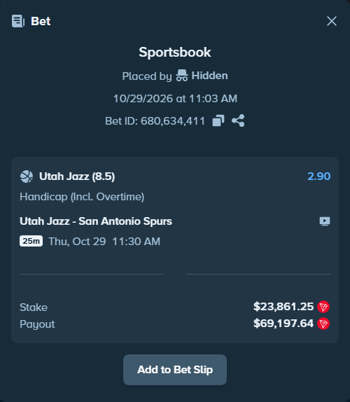 Bet slip: Utah Jazz - San Antonio Spurs, $23,998.05 stake at 2.90 odds, placed by Marvin123421