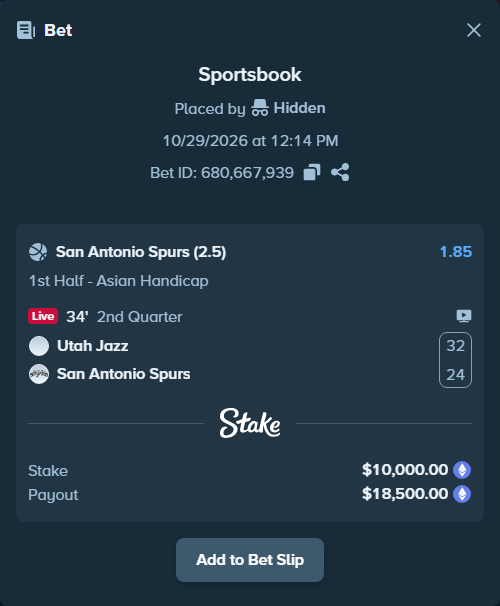 Bet slip: Utah Jazz - San Antonio Spurs, $9,873.69 stake at 1.85 odds, placed by siarnep36