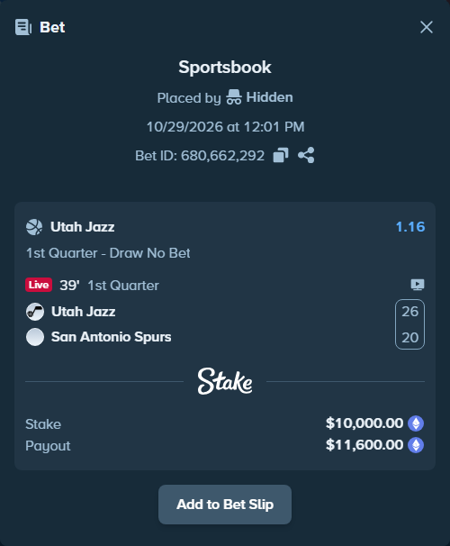 Bet slip: Utah Jazz - San Antonio Spurs, $9,843.72 stake at 1.16 odds, placed by siarnep36