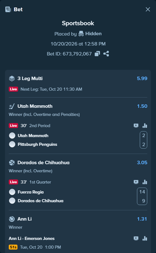 Bet slip: Utah Mammoth - Pittsburgh Penguins, $11,965.00 stake at 1.50 odds, placed by Hidden