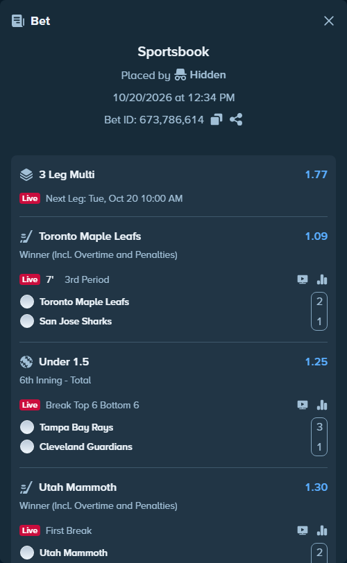 Bet slip: Utah Mammoth - Pittsburgh Penguins, $14,998.00 stake at 1.30 odds, placed by Chitico19