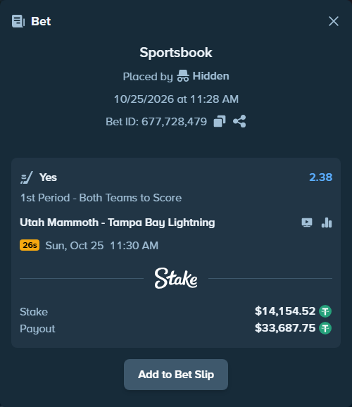 Bet slip: Utah Mammoth - Tampa Bay Lightning, $14,168.67 stake at 2.38 odds, placed by Hidden