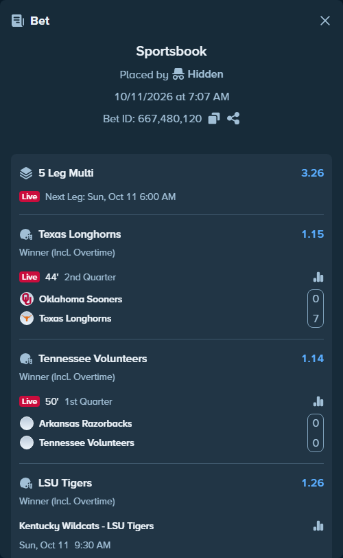 Bet slip: Utah Utes - Kansas Jayhawks, $10,014.00 stake at 1.12 odds, placed by Hidden