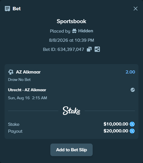 Bet slip: Utrecht - AZ Alkmaar, $10,000.00 stake at 2.00 odds, placed by Hidden