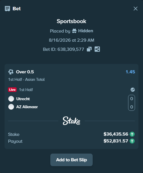 Bet slip: Utrecht - AZ Alkmaar, $36,472.00 stake at 1.45 odds, placed by Hidden