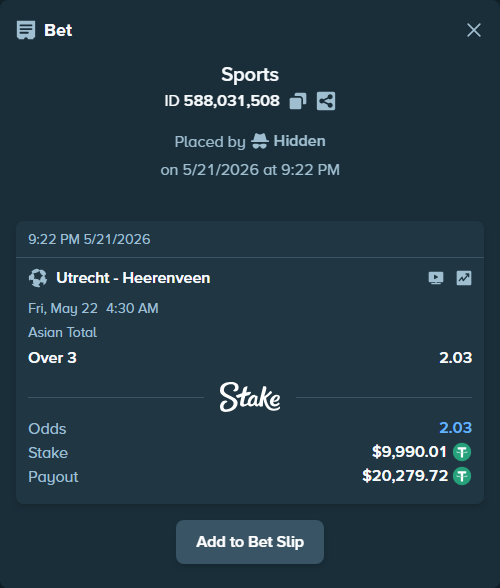 Bet slip: Utrecht - Heerenveen, $10,000.00 stake at 2.03 odds, placed by Hidden