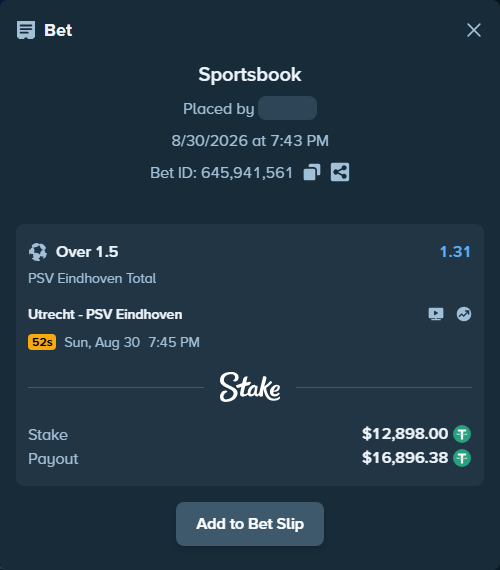 Bet slip: Utrecht - PSV Eindhoven, $12,898.00 stake at 1.31 odds, placed by haroldfinchh