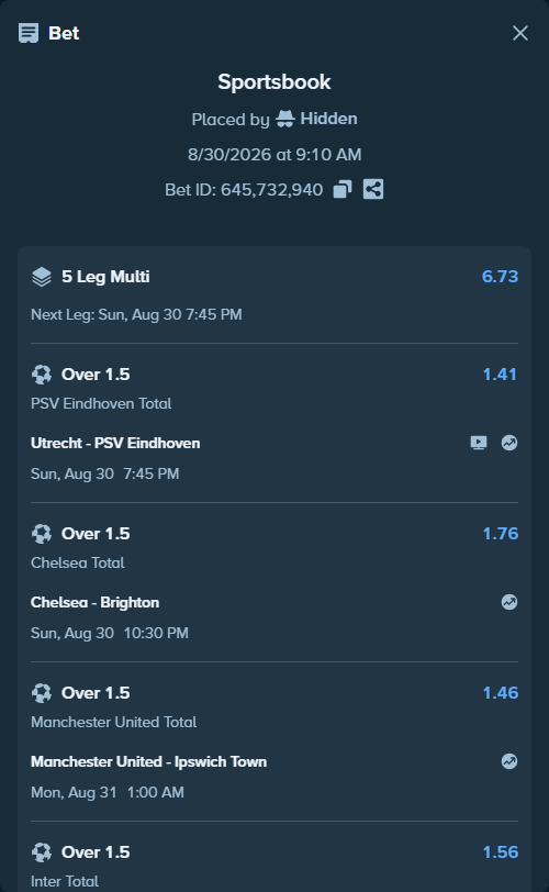 Bet slip: Utrecht - PSV Eindhoven, $15,370.00 stake at 1.41 odds, placed by Hidden