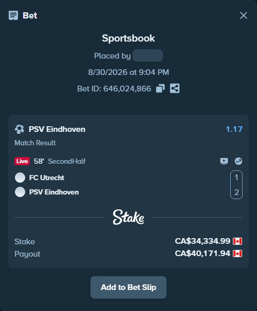 Bet slip: Utrecht - PSV Eindhoven, $25,407.89 stake at 1.17 odds, placed by Zach0919