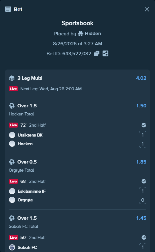 Bet slip: Utsiktens BK - Hacken, $10,679.00 stake at 1.50 odds, placed by Hidden