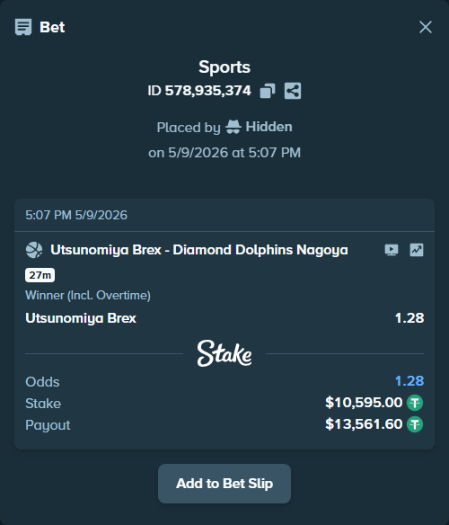 Bet slip: Utsunomiya Brex - Nagoya Diamond Dolphins, $10,595.00 stake at 1.28 odds, placed by Hidden
