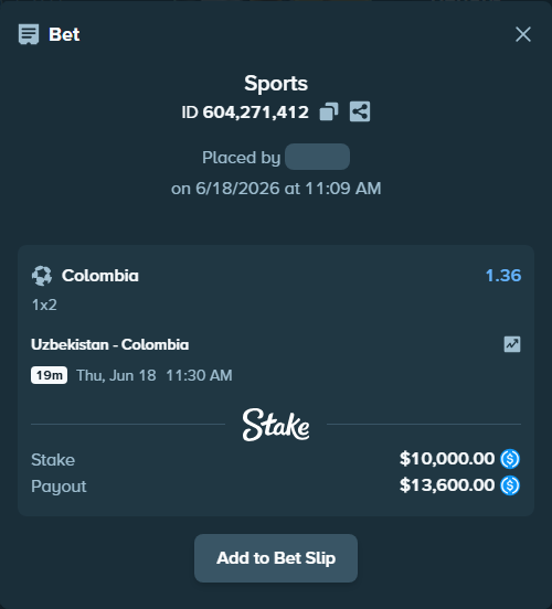 Bet slip: Uzbekistan - Colombia, $10,000.00 stake at 1.36 odds, placed by Noahekse