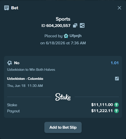 Bet slip: Uzbekistan - Colombia, $11,122.11 stake at 1.01 odds, placed by Ufpnjh