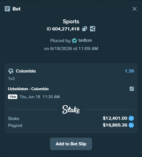 Bet slip: Uzbekistan - Colombia, $12,401.00 stake at 1.36 odds, placed by tmflrm