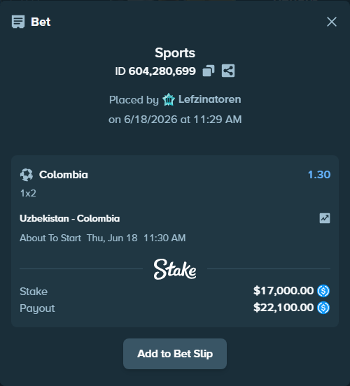 Bet slip: Uzbekistan - Colombia, $17,000.00 stake at 1.30 odds, placed by Lefzinatoren