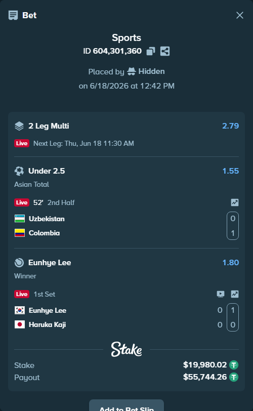 Bet slip: Uzbekistan - Colombia, $20,000.00 stake at 1.55 odds, placed by Hidden