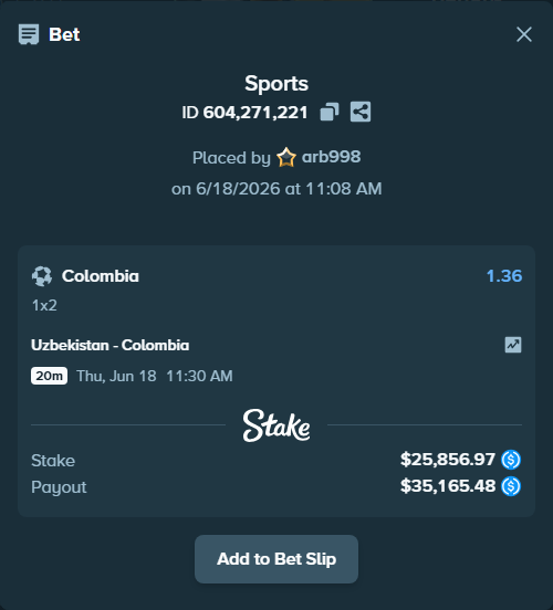 Bet slip: Uzbekistan - Colombia, $25,856.97 stake at 1.36 odds, placed by arb998