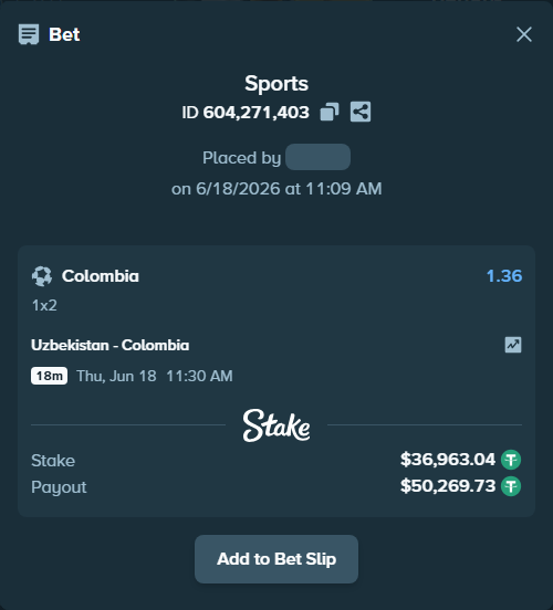 Bet slip: Uzbekistan - Colombia, $37,000.00 stake at 1.36 odds, placed by Lybivsk25