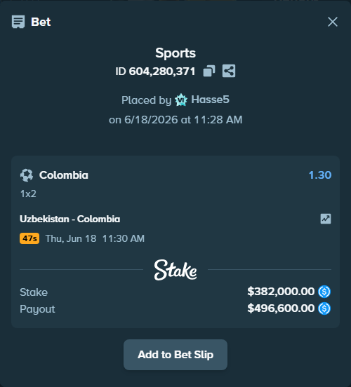 Bet slip: Uzbekistan - Colombia, $382,000.00 stake at 1.30 odds, placed by Hasse5