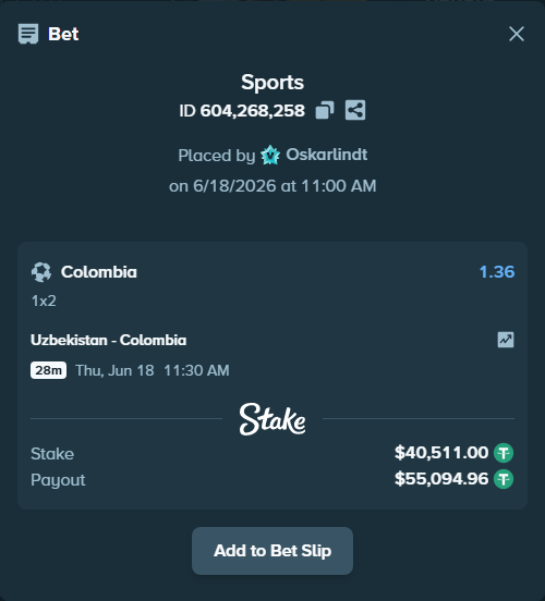Bet slip: Uzbekistan - Colombia, $40,551.51 stake at 1.36 odds, placed by Oskarlindt