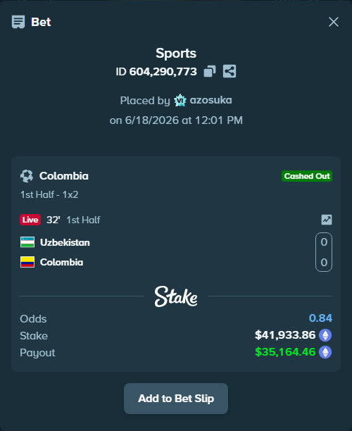 Bet slip: Uzbekistan - Colombia, $37,843.45 stake at 2.80 odds, placed by azosuka