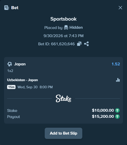 Bet slip: Uzbekistan - Japan, $10,000.00 stake at 1.52 odds, placed by Hidden