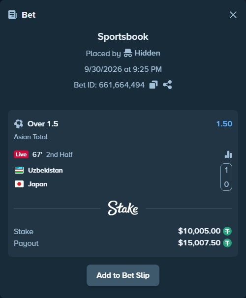 Bet slip: Uzbekistan - Japan, $10,005.00 stake at 1.50 odds, placed by Jackpoor